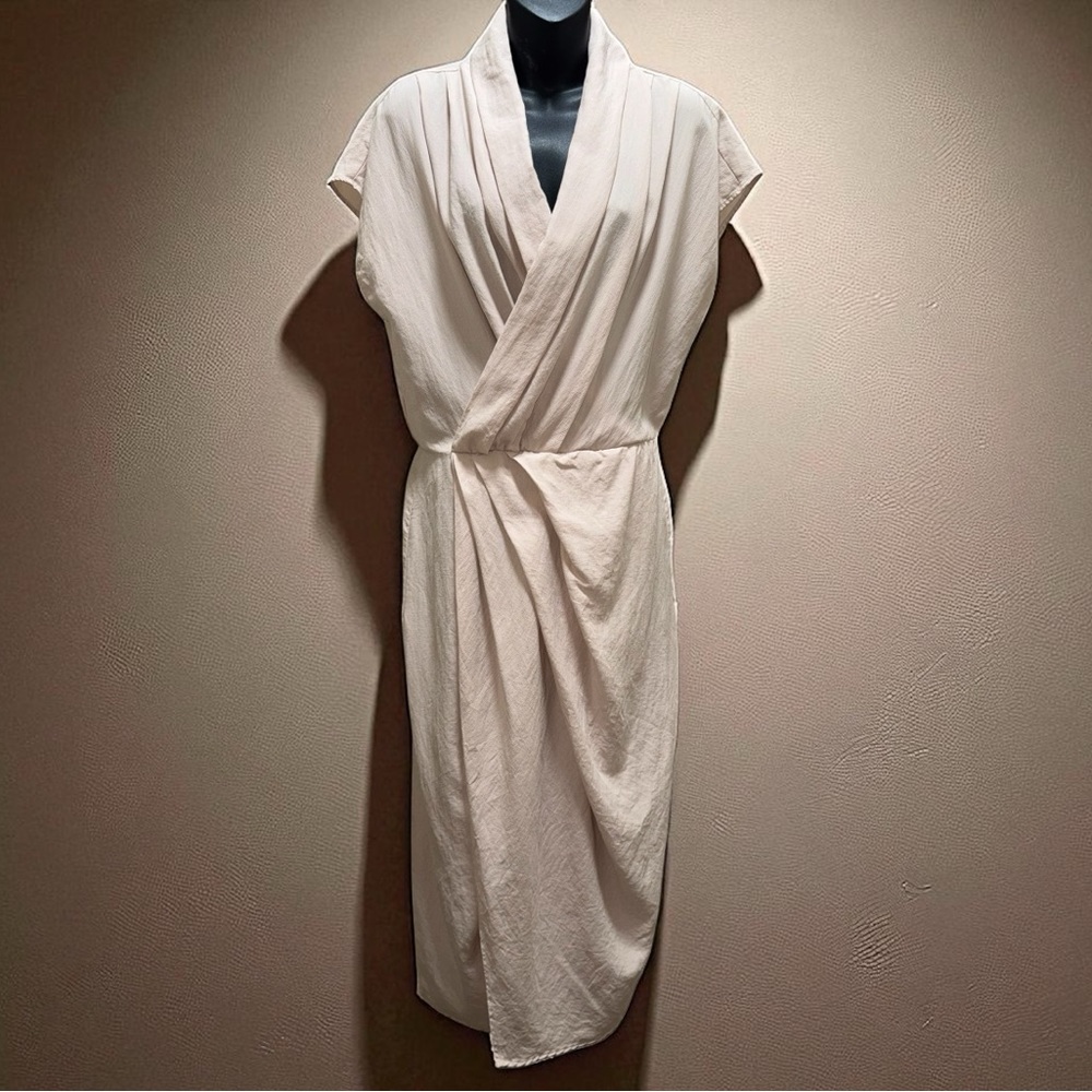 Mango Beige Lyocell Draped V-neck Dress size L